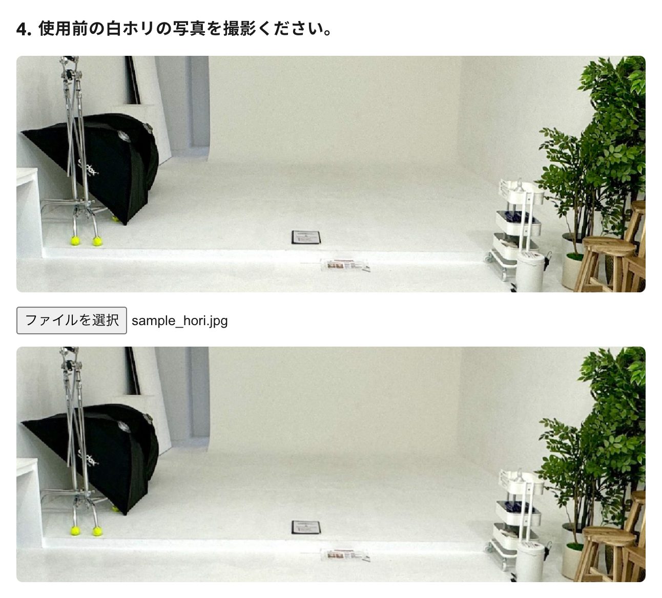 使用前の白ホリの写真を撮影してアップロードする